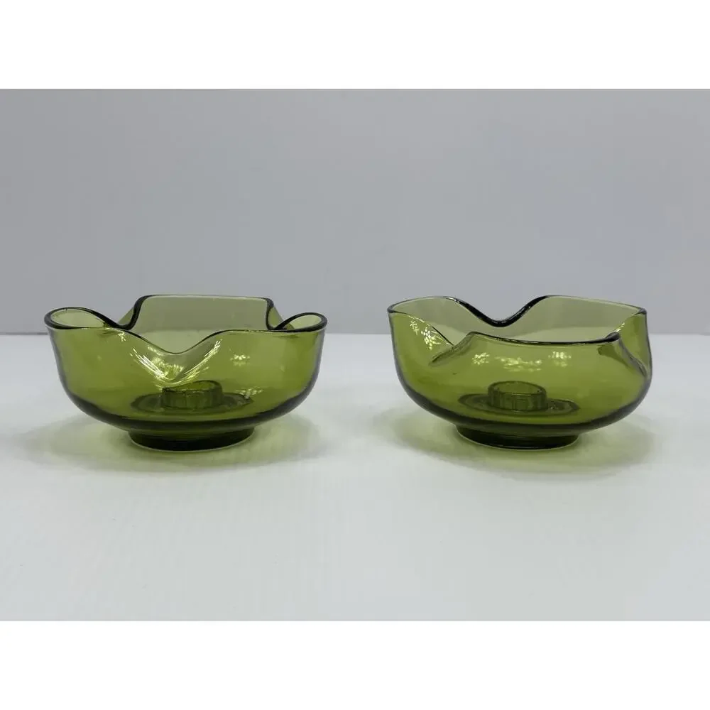 Vintage Anchor Hocking 2 Avocado Green Glass Candle Stick Holders Pair MCM 1970s